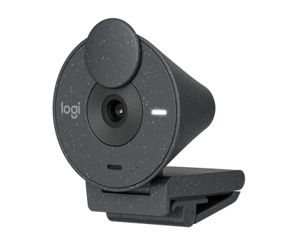 Cámara Logitech Brio 300 en ángulo superior mostrando lente y micrófono