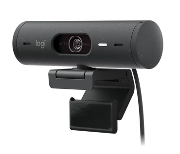 Cámara Logitech BRIO 500 vista lateral mostrando conexión USB-C