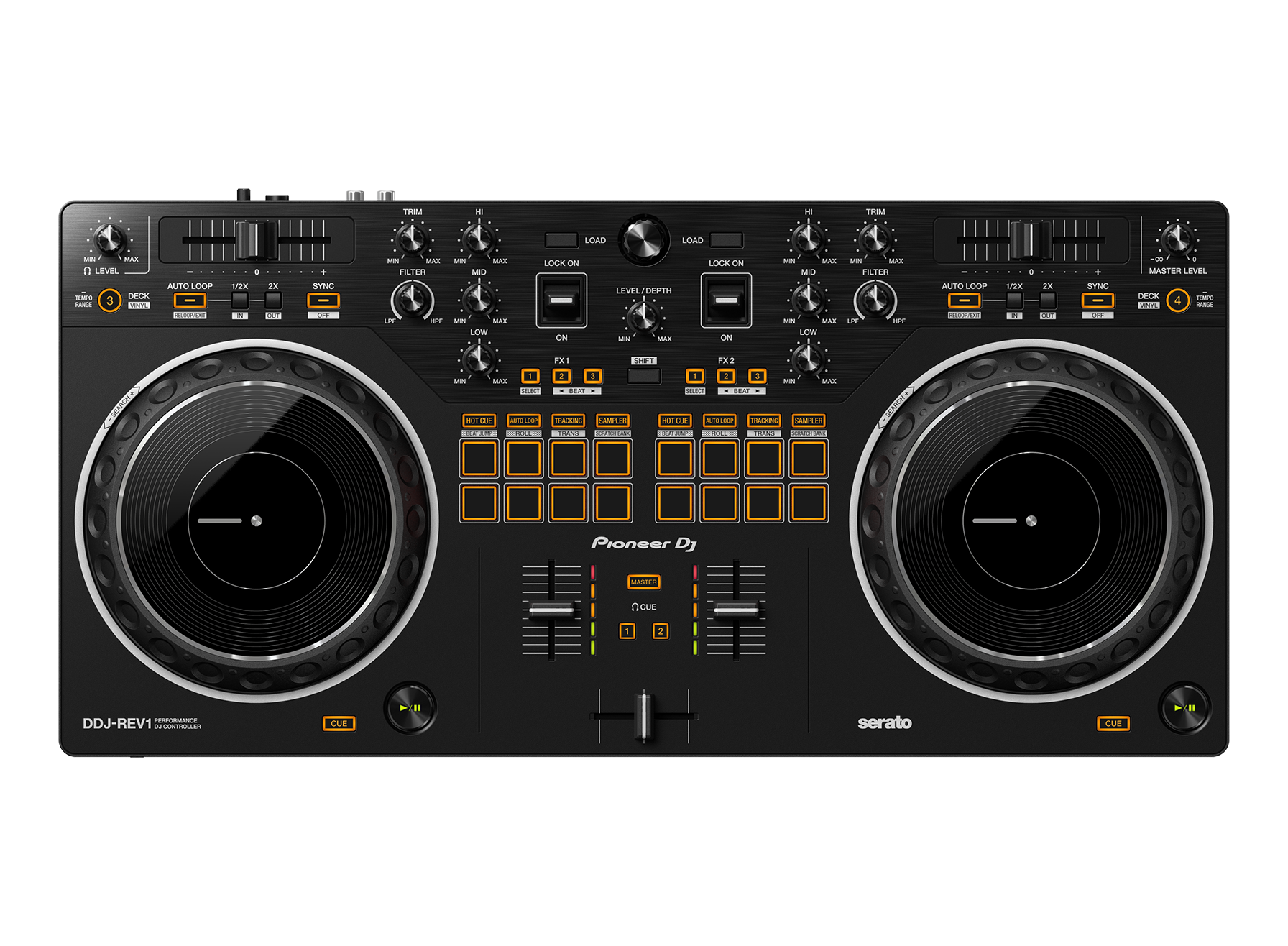 Pioneer DJ DDJ-REV1 vista en ángulo del layout tipo battle