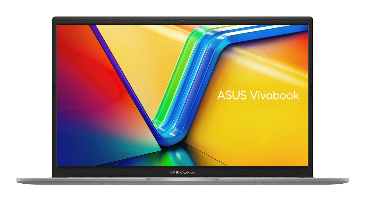 Laptop ASUS VivoBook F1504VA color plata vista frontal con pantalla abierta