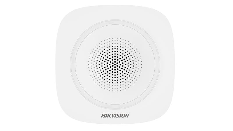 Sirena inalámbrica Hikvision DS-PS1-I-WB vista frontal con indicador LED para sistemas de alarma interior