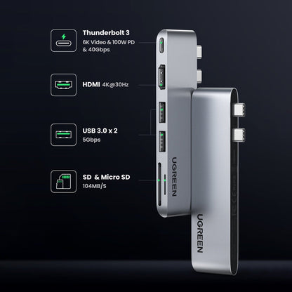 Vista lateral del hub UGREEN CM380 mostrando conectores USB-C, HDMI y ranuras SD