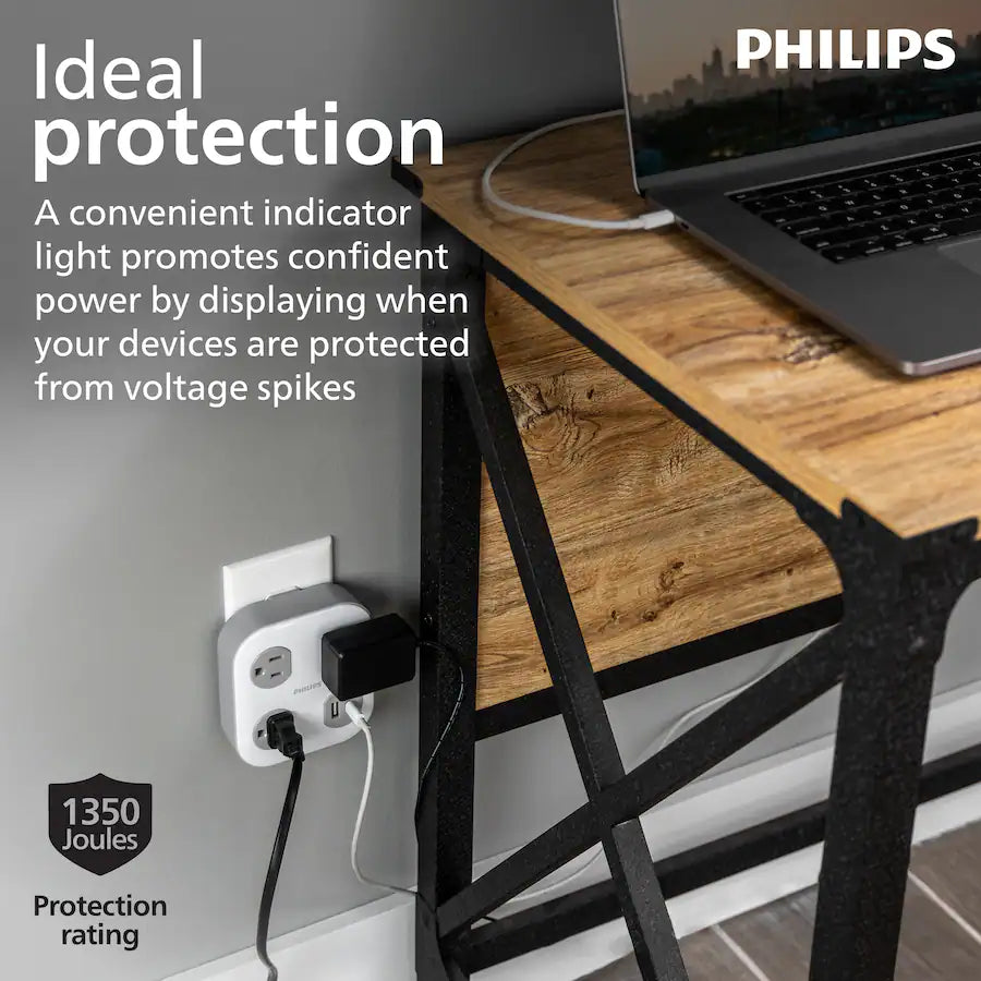 Philips Protector de Picos SPP3743GR-37 1350J 3 Tomas Blanco