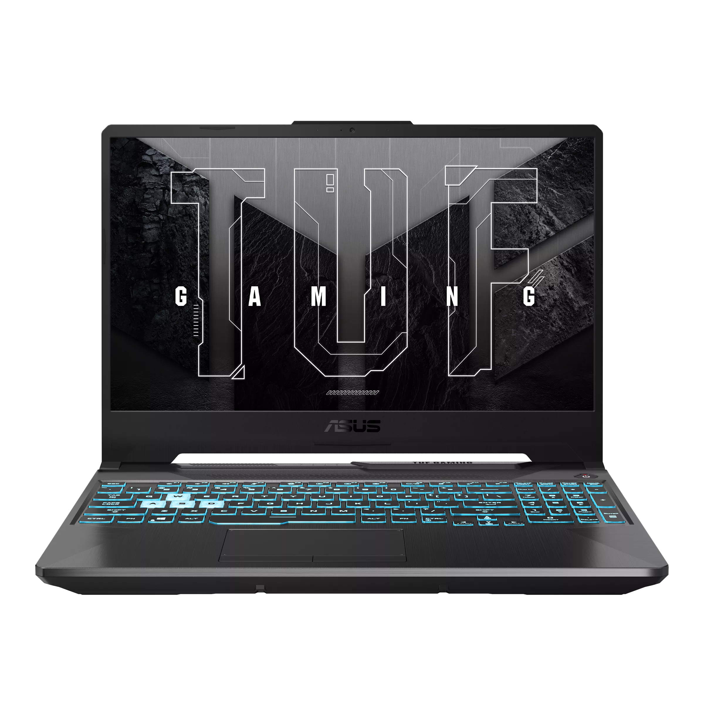 Laptop gaming ASUS TUF A15 FA506NC vista frontal con pantalla encendida