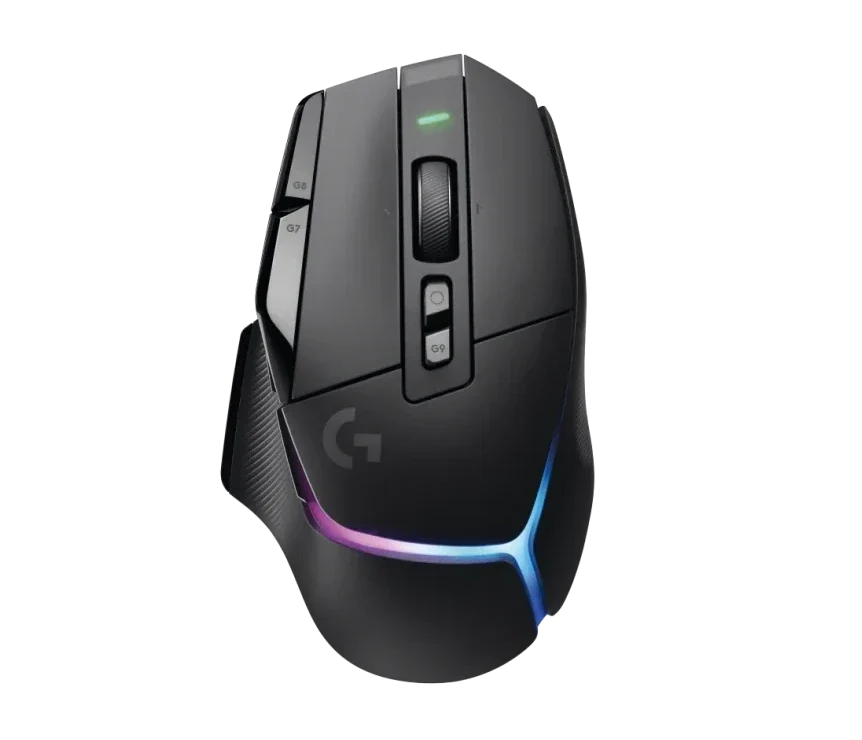 Mouse Gaming Logitech G502 X vista frontal con iluminación RGB LIGHTSYNC activada