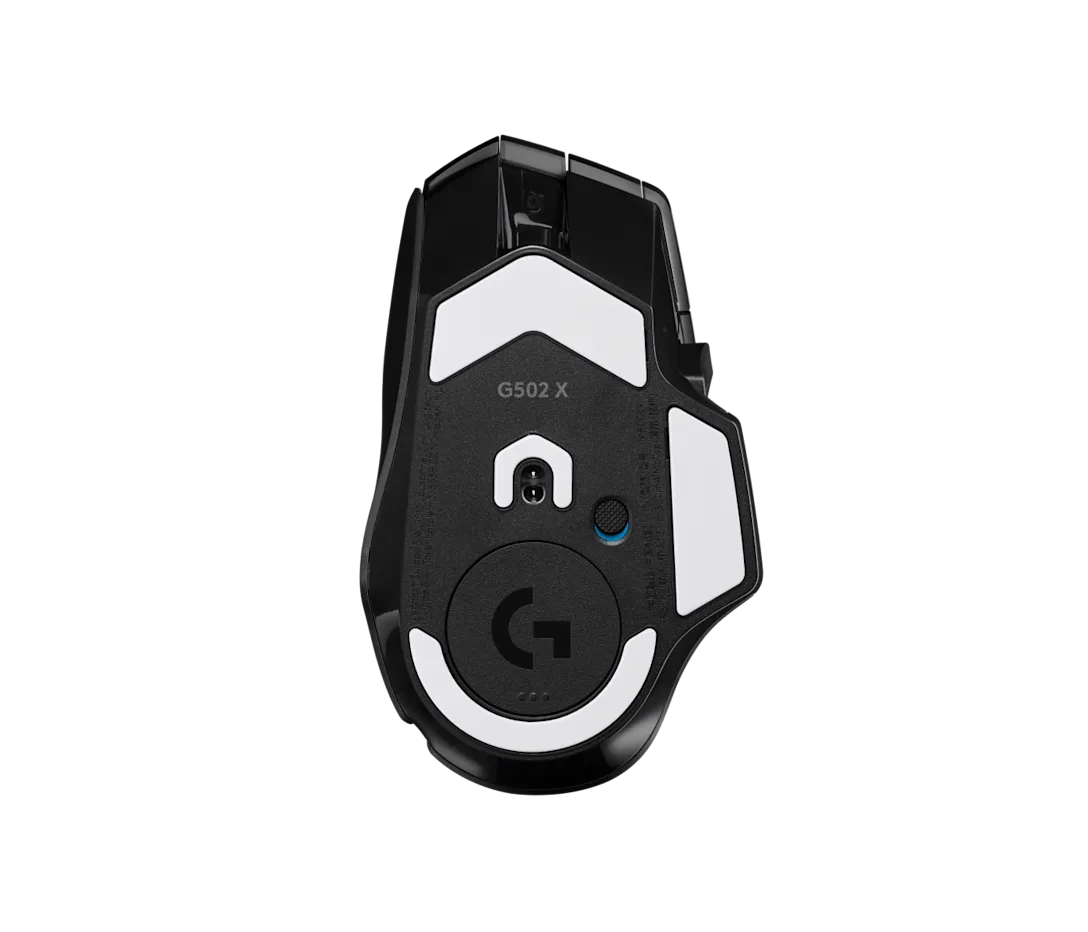 Mouse Gaming Logitech G502 X vista trasera mostrando grip ergonómico y peso balanceado