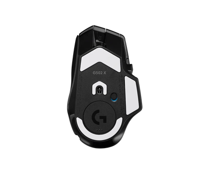 Mouse Gaming Logitech G502 X vista trasera mostrando grip ergonómico y peso balanceado