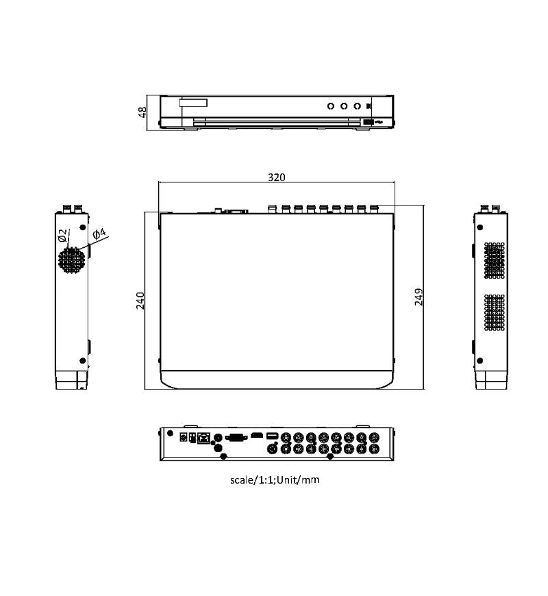 HIKVISION iDS-7216HQHI-M1/S grabadora DVR diagrama de dimensiones e interfaces