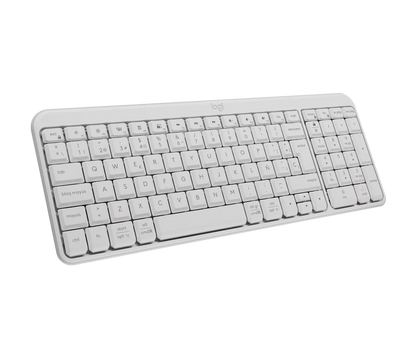 Vista lateral del teclado Logitech K250 mostrando perfil compacto