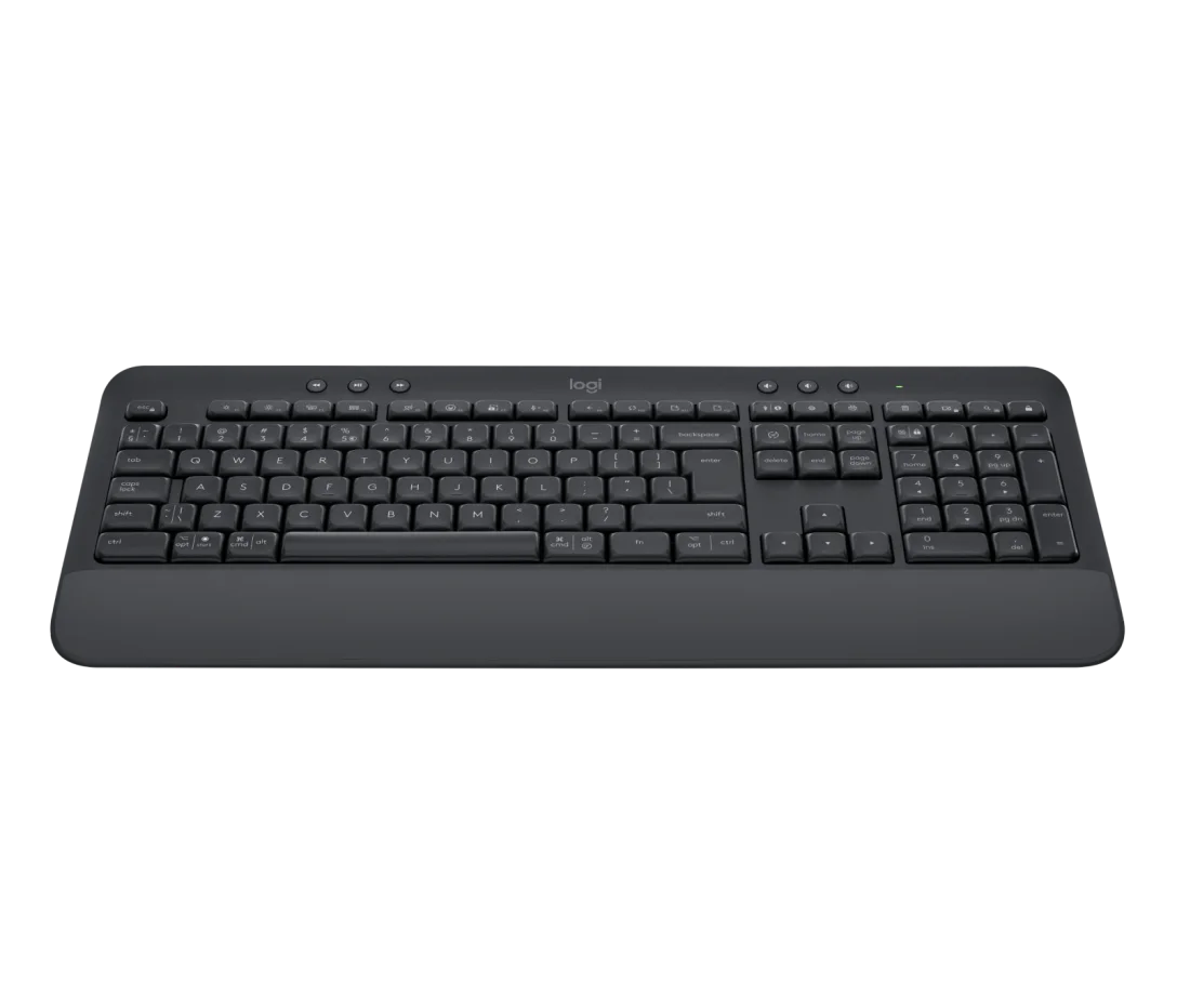 Vista lateral del teclado Logitech Signature K650 mostrando perfil alto y teclas