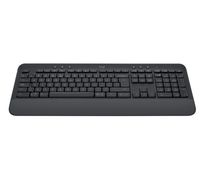 Vista lateral del teclado Logitech Signature K650 mostrando perfil alto y teclas