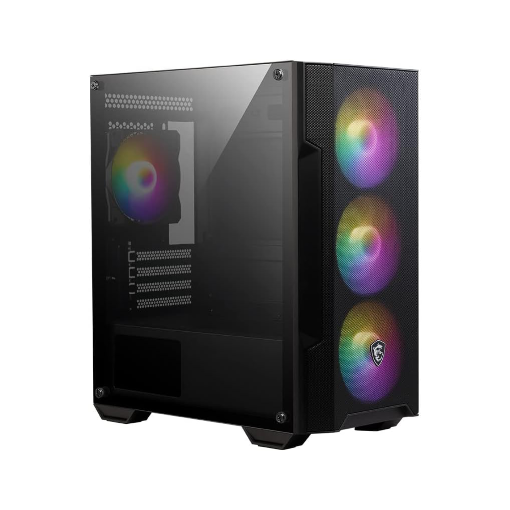 Case Gaming MSI MAG Forge M100A vista frontal con panel de vidrio templado y iluminación RGB