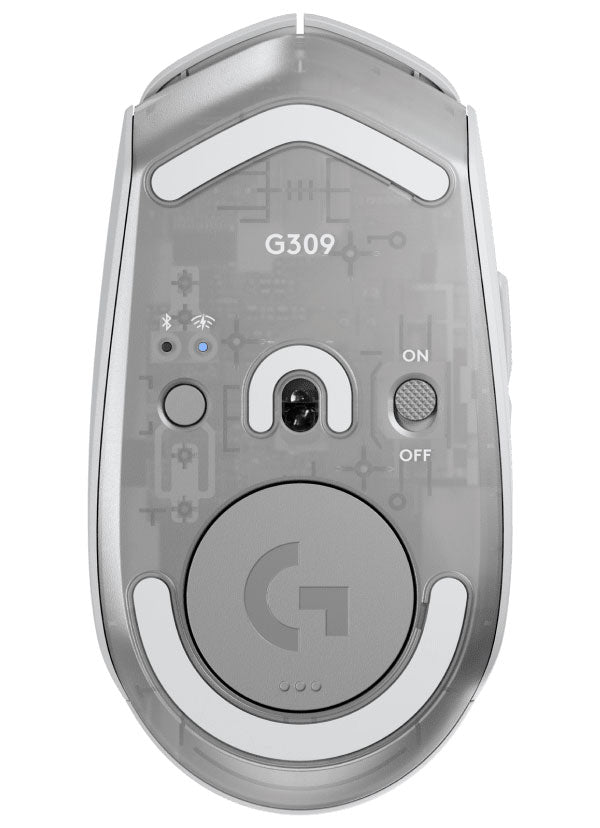 Vista superior del mouse gaming G309 con botones y scroll wheel detallado