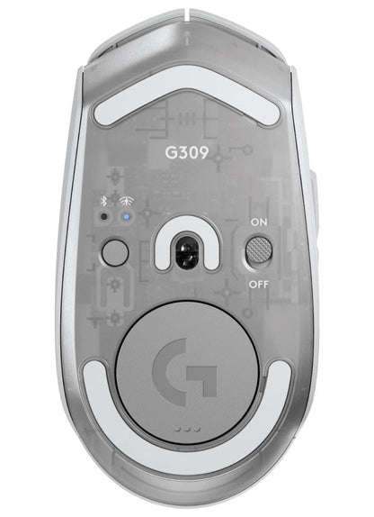 Vista superior del mouse gaming G309 con botones y scroll wheel detallado
