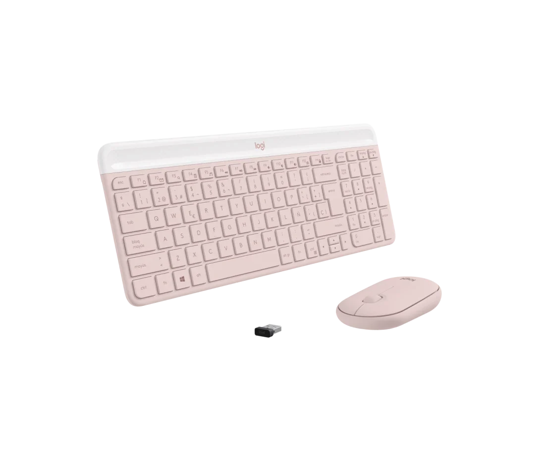 Vista superior del combo Logitech MK470 mostrando distribución de teclas en inglés color rosa