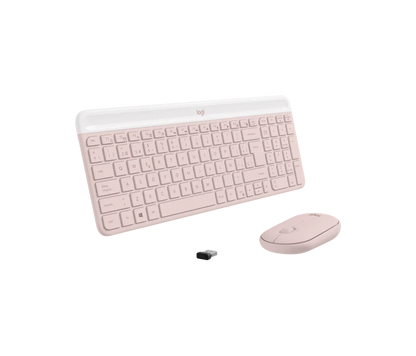 Vista superior del combo Logitech MK470 mostrando distribución de teclas en inglés color rosa