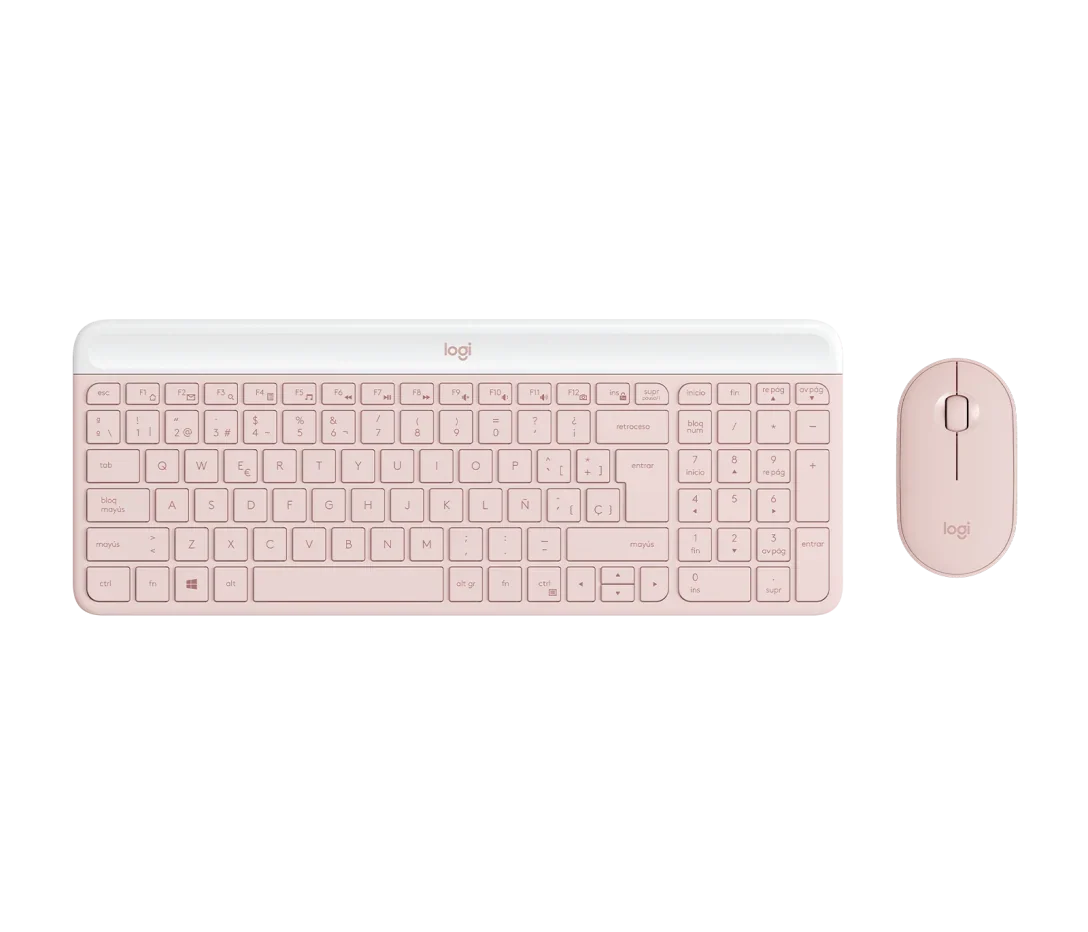 Teclado y mouse Logitech MK470 color rose sobre fondo blanco vista frontal completa