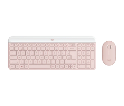 Teclado y mouse Logitech MK470 color rose sobre fondo blanco vista frontal completa