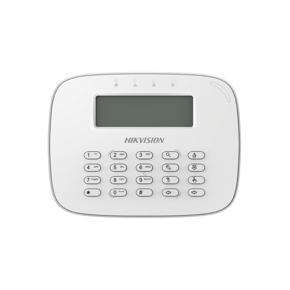 Teclado alarma Hikvision DS-PK-LRT vista frontal con pantalla LCD y teclas numéricas
