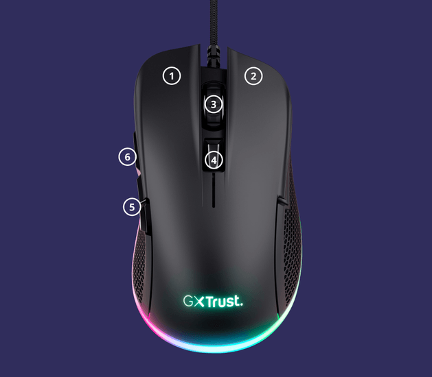 Vista trasera del mouse gaming Trust GXT 922 Ybar con cable USB