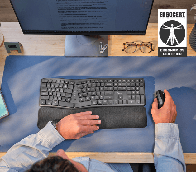Empaque completo teclado Trust Keyra ergonómico certificación ErgoCert