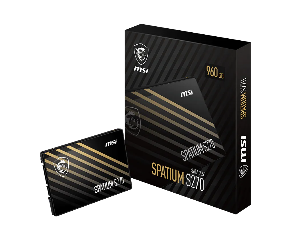 SSD Interno MSI S270 960GB en ángulo mostrando diseño completo