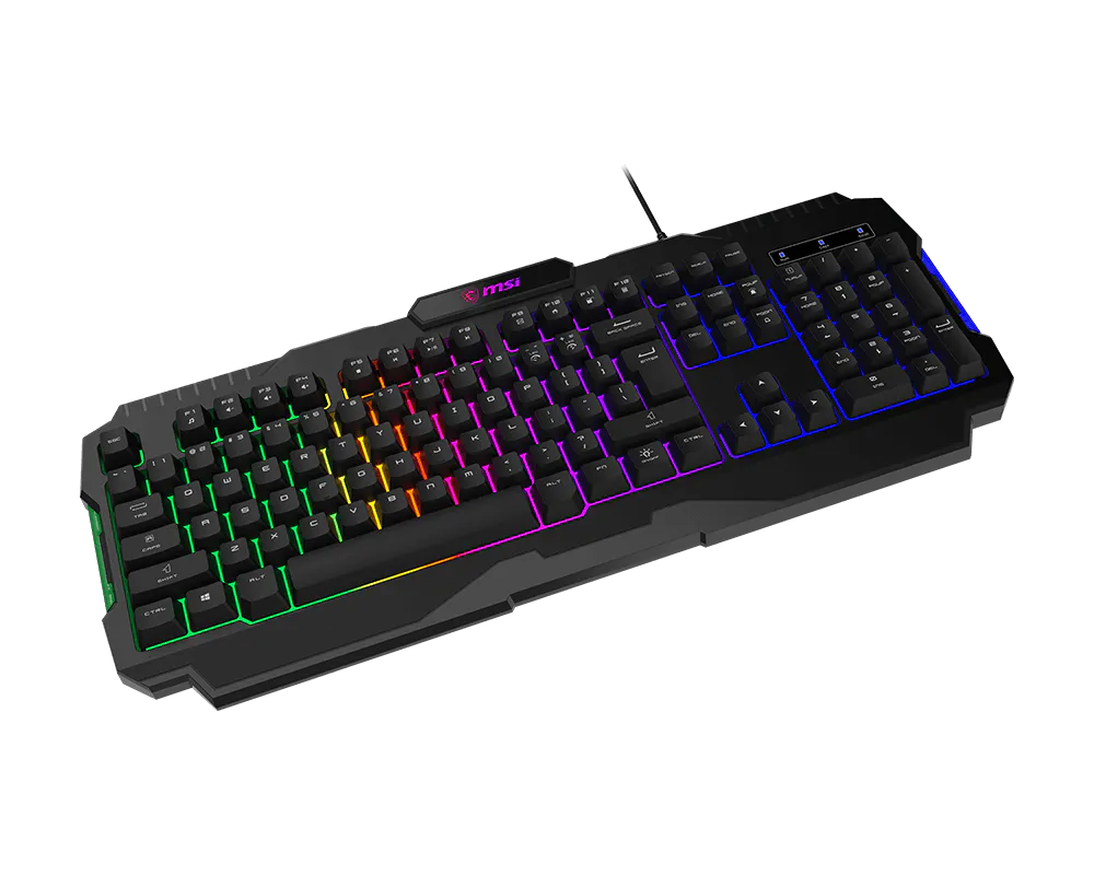 Teclado gaming MSI FORGE GK100 con retroiluminación RGB multicolor vista frontal