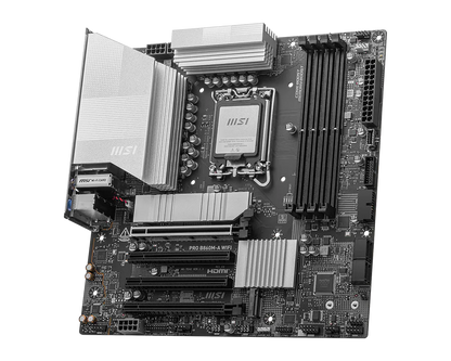 Placa base MSI PRO B860M-A ángulo superior mostrando slots de memoria DDR5 y chipset Intel