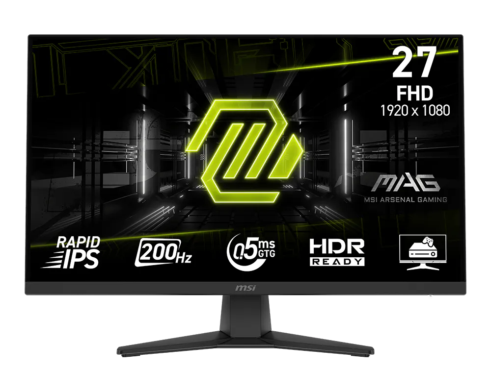 Monitor gaming MSI MAG 272F X24 vista frontal con pantalla encendida mostrando imagen de juego