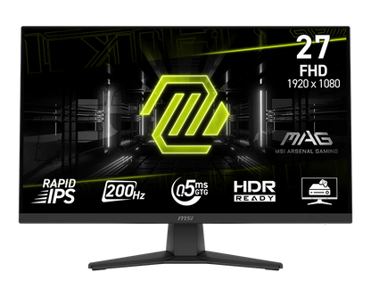 Monitor gaming MSI MAG 272F X24 vista frontal con pantalla encendida mostrando imagen de juego