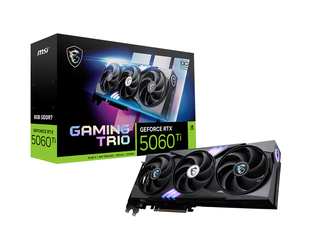 MSI RTX 5060 Ti GAMING TRIO OC vista lateral mostrando puertos de conexión y diseño RGB
