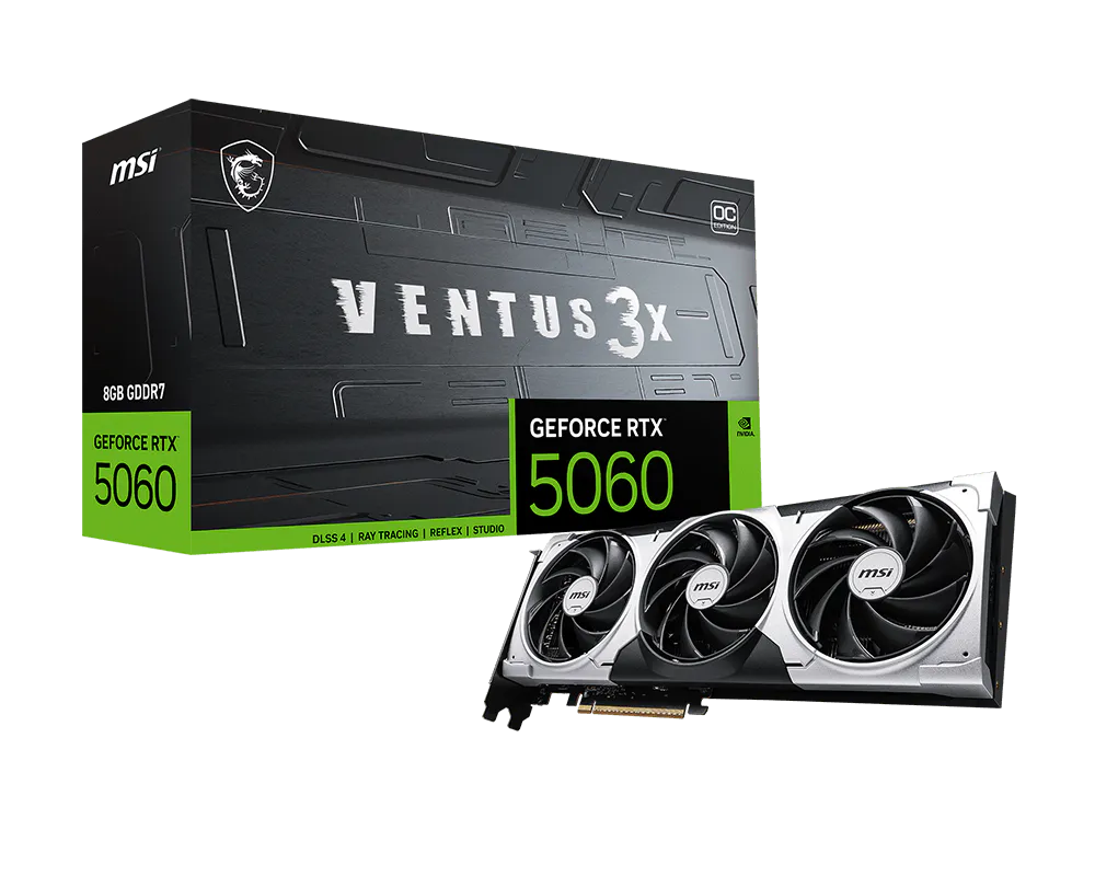 MSI RTX 5060 Ventus 3X OC vista lateral mostrando conectores de alimentación y puertos