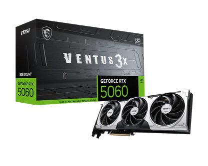 MSI RTX 5060 Ventus 3X OC vista lateral mostrando conectores de alimentación y puertos