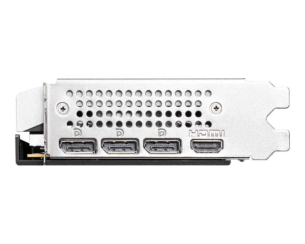 Tarjeta video MSI RTX 5060 vista diagonal completa mostrando arquitectura y ventiladores