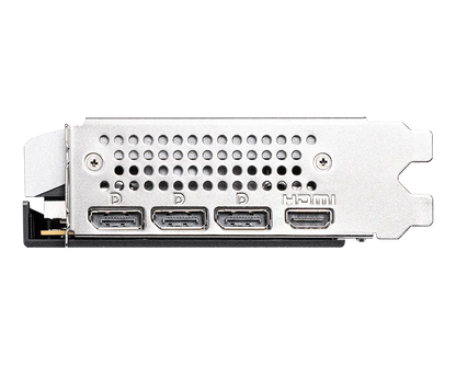 Tarjeta video MSI RTX 5060 vista diagonal completa mostrando arquitectura y ventiladores