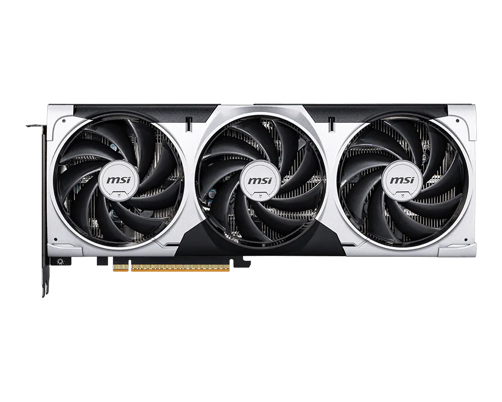 Tarjeta de video MSI GeForce RTX 5060 Ventus 3X OC vista frontal con triple ventilador