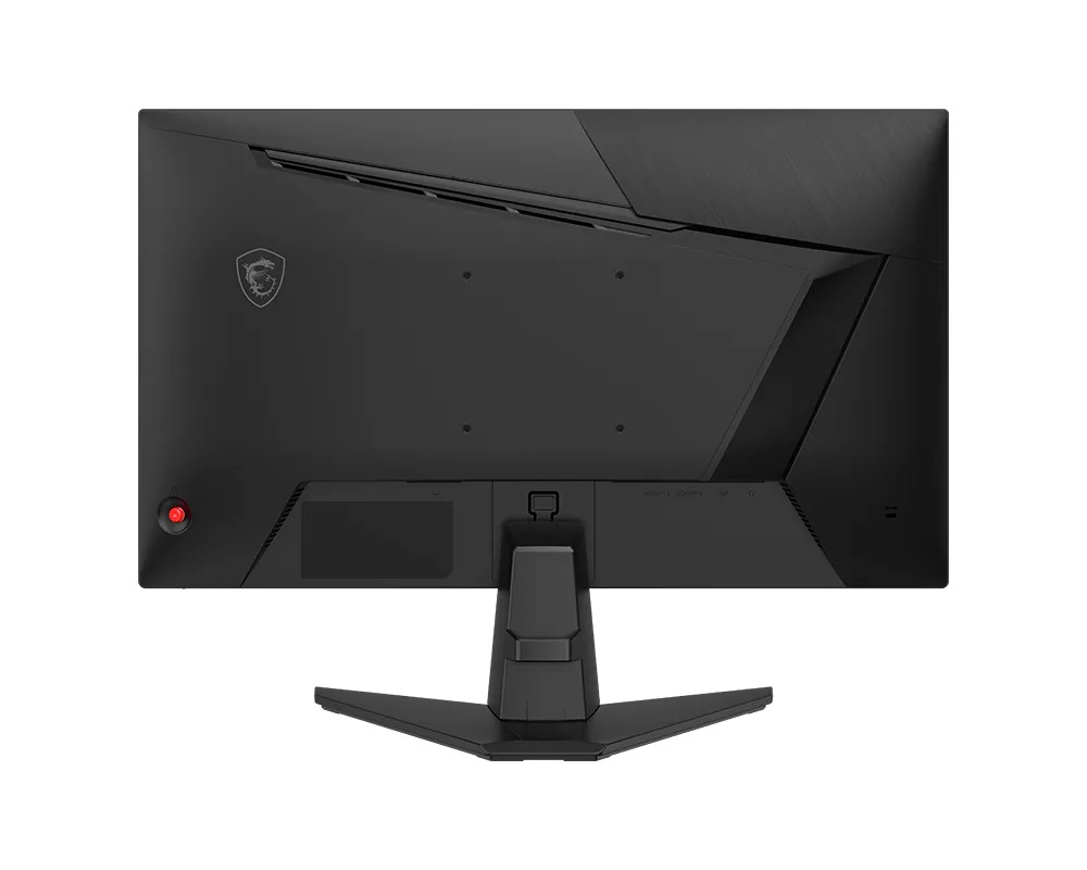 Monitor MSI MAG 245F X24 vista de perfil izquierdo con base ergonómica y cables conectados