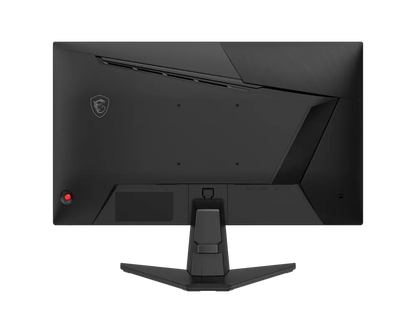 Monitor MSI MAG 245F X24 vista de perfil izquierdo con base ergonómica y cables conectados