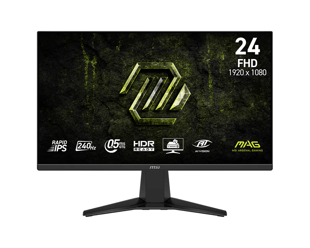 Monitor gaming MSI MAG 245F X24 vista frontal con pantalla encendida mostrando interfaz de juego