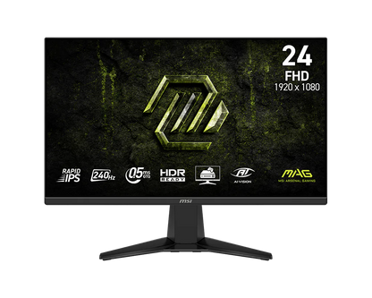 Monitor gaming MSI MAG 245F X24 vista frontal con pantalla encendida mostrando interfaz de juego