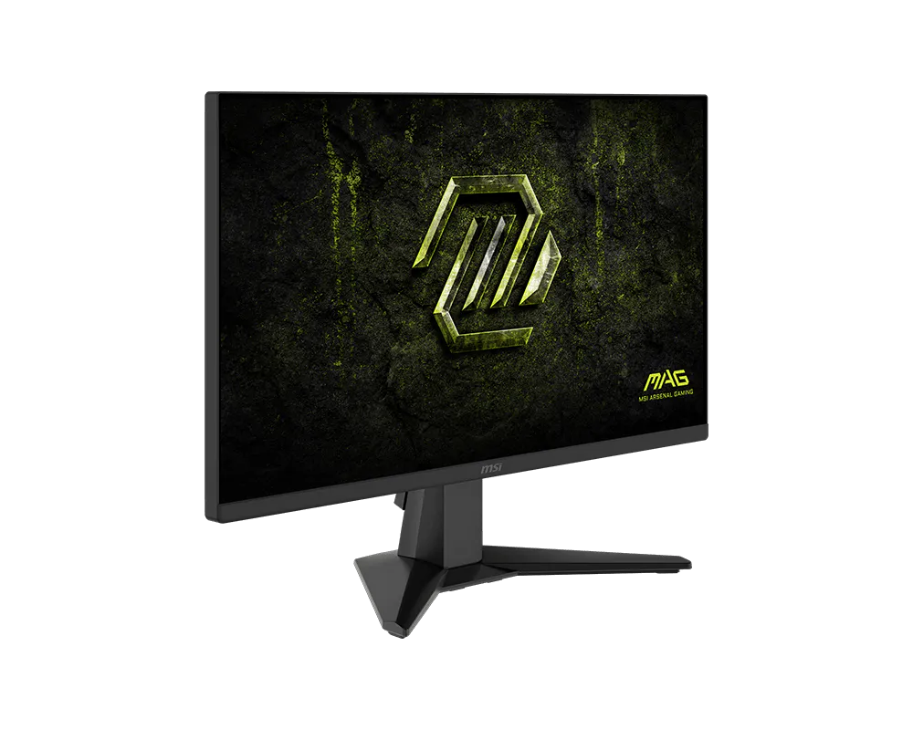 Monitor MSI MAG 245F X24 vista lateral derecha mostrando grosor del panel y soporte ajustable
