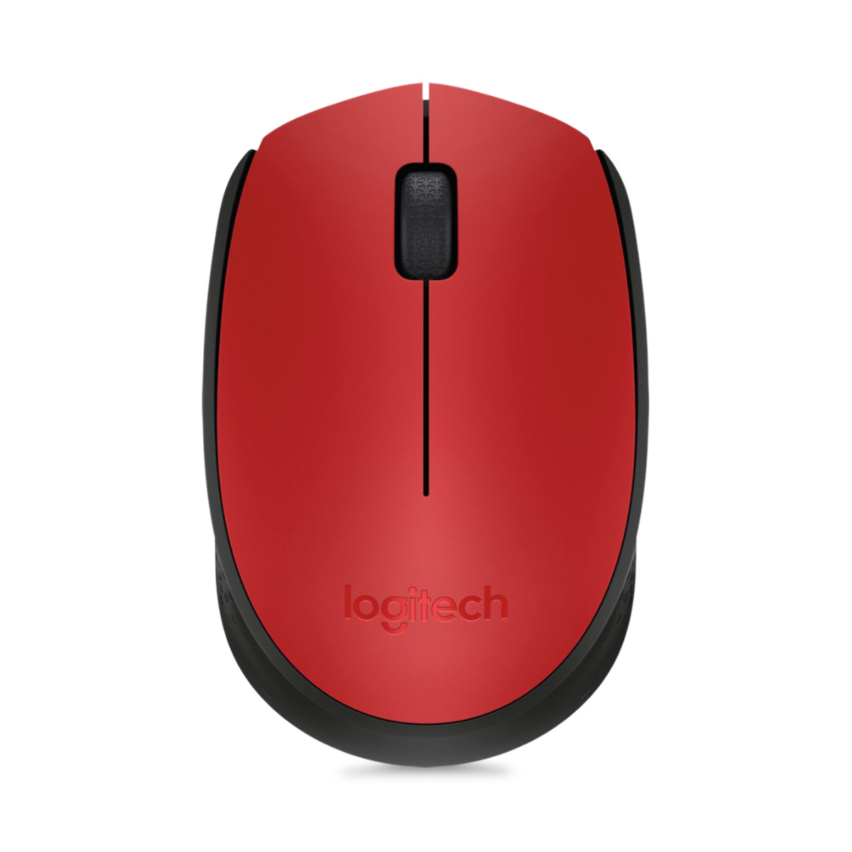 Mouse Logitech M170 inalámbrico negro y rojo vista frontal con receptor USB