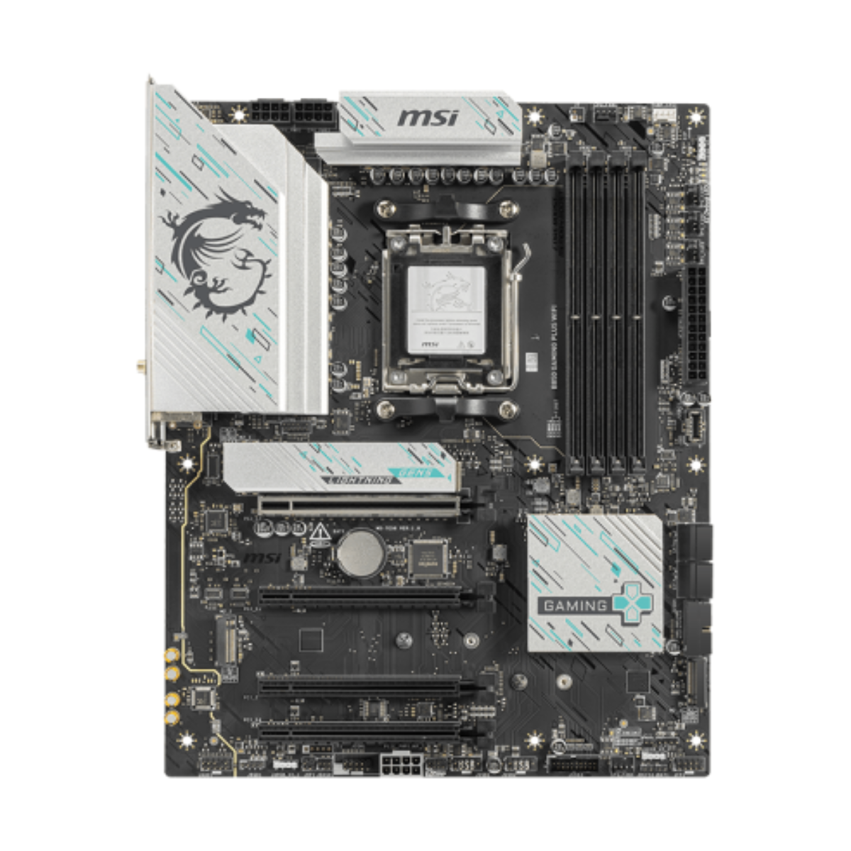 Tarjeta madre MSI B850 Gaming Plus WiFi AM5 DDR5 vista frontal completa
