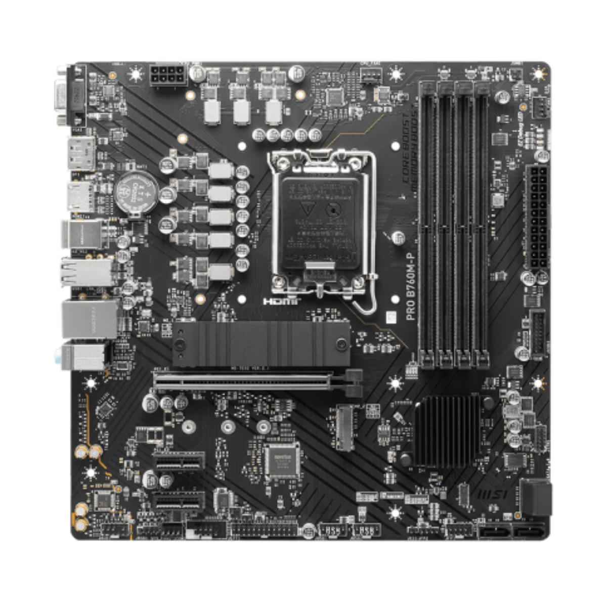 Tarjeta madre MSI PRO B760M-P vista frontal con socket LGA 1700 y slots DDR5