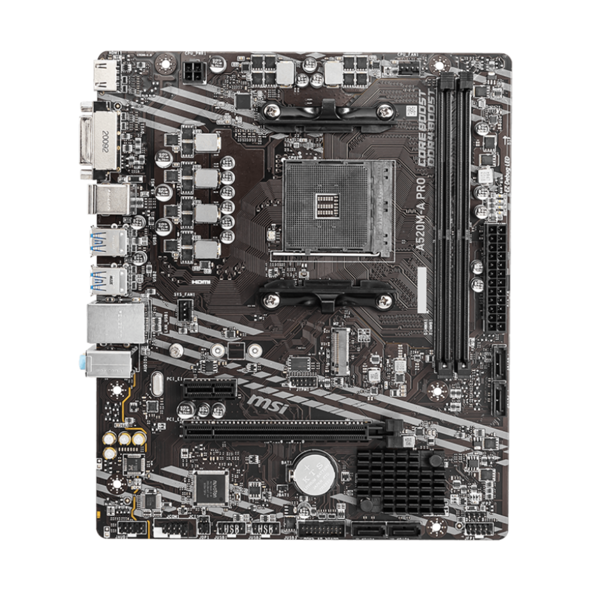 Tarjeta madre MSI A520M-A PRO vista frontal completa con socket AM4 y ranuras DDR4