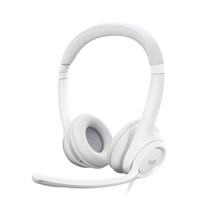 Headset Logitech H390 USB blanco vista frontal con micrófono ajustable